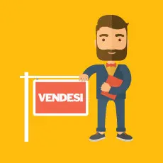 Agente immobiliare con cartello VENDESI su sfondo giallo