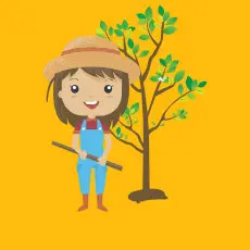 Bambina con cappello e salopette blu che innaffia un albero con annaffiatoio giallo su sfondo arancione
