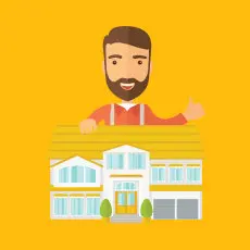 Agente immobiliare che presenta una villa moderna a due piani su sfondo giallo