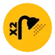 Logo X2 con simbolo di riproduzione nero su cerchio giallo